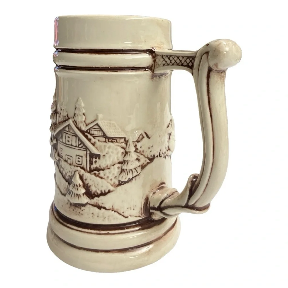 Vintage Ceramic Beer Mug Stein Brown Pine Tree And Cabin, No Chips Or Cracks